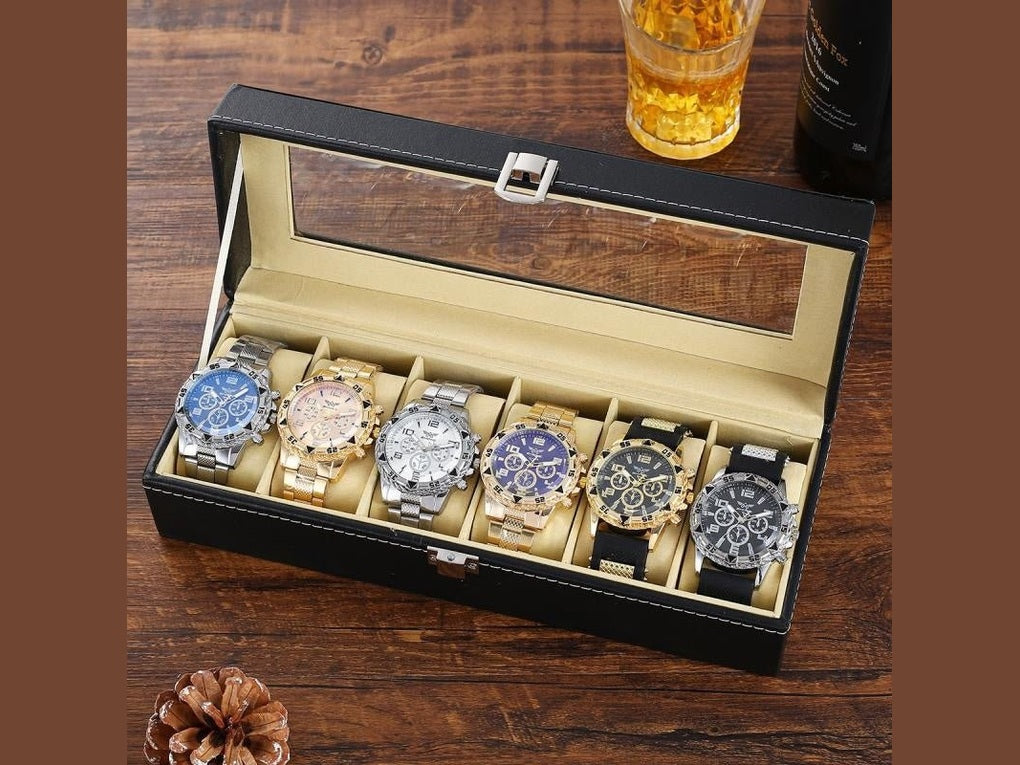 Six - Piece Boxed Watch Men's Steel Band Fashion Party Dress Watch Men's Gift - Simply Just Deals LLCSix - Piece Boxed Watch Men's Steel Band Fashion Party Dress Watch Men's Gift5FA1D6F665CD40E79F27F397BE6469A5Package OneSix - Piece Boxed Watch Men's Steel Band Fashion Party Dress Watch Men's Gift