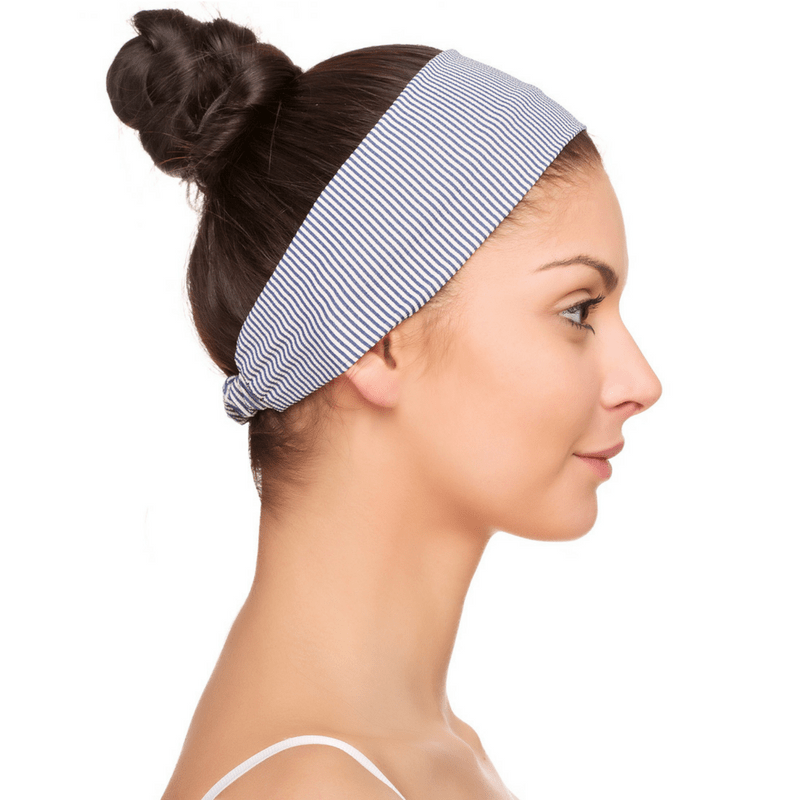 Striped Headband Lauma Navy - Simply Just Deals LLCStriped Headband Lauma NavyHeadbandLM82E01One SizeNavy Blue WhiteA woman with dark hair in a bun, wearing the Striped Headband Lauma Navy and a white strap top, is shown in profile against a white background.