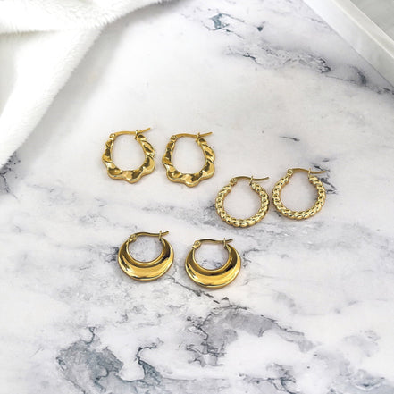 Twisted Hoop Earrings Set, Yellow Gold Plated, Hypoallergenic, 3 Pairs - Simply Just Deals LLCTwisted Hoop Earrings Set, Yellow Gold Plated, Hypoallergenic, 3 Pairs341e343c-26d0-49b8-ac85-8cd9f5dd54133 Pcs Set - 2Twisted Hoop Earrings Set, Yellow Gold Plated, Hypoallergenic, 3 Pairs