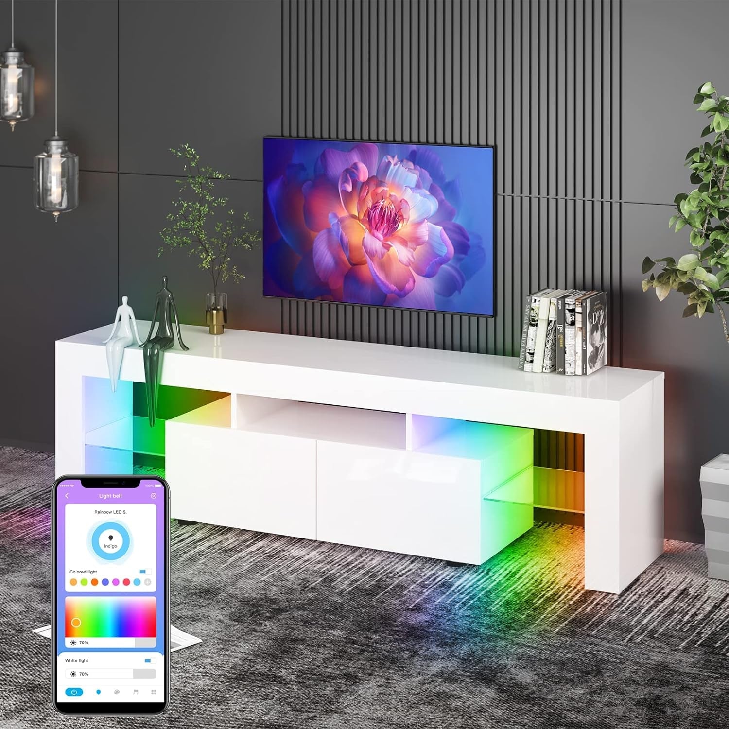 White TV Stand for 65+Inch TV, Led TV Stands Control RGB Light Strips by Mobile Phone, High Gloss Television Stands,Entertainment Center with 2 Drawer Suitable for Living Room/Bedroom (White) - Simply Just Deals LLCWhite TV Stand for 65+Inch TV, Led TV Stands Control RGB Light Strips by Mobile Phone, High Gloss Television Stands,Entertainment Center with 2 Drawer Suitable for Living Room/Bedroom (White)042d7f8d-613b-4a8f-a34a-c04a1a4fcc83White TV Stand for 65+Inch TV, Led TV Stands Control RGB L
