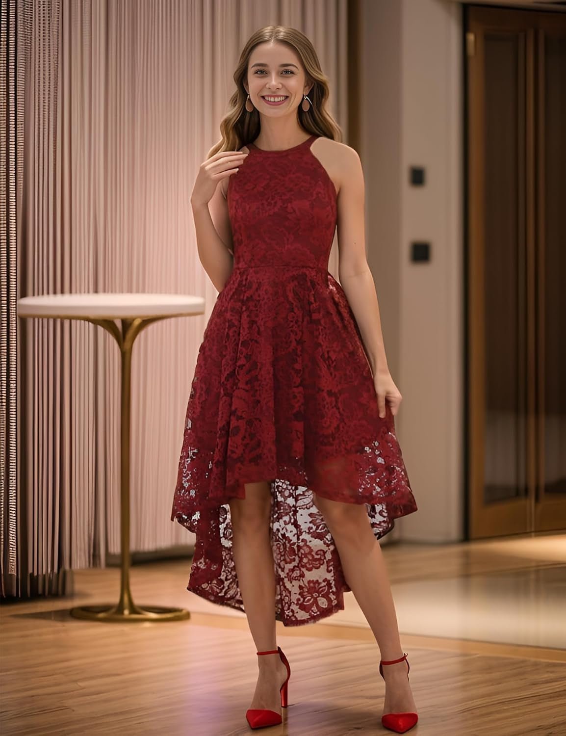 Women Halter Lace Wedding Guest Dress Hi - Lo Cocktail Party Bridesmaid Formal Dresses - Simply Just Deals LLCWomen Halter Lace Wedding Guest Dress Hi - Lo Cocktail Party Bridesmaid Formal Dresses76622e4f-2711-4eea-9c93-e708e50dd19cDark RedX - LargeWomen Halter Lace Wedding Guest Dress Hi - Lo Cocktail Party Bridesmaid Formal Dresses