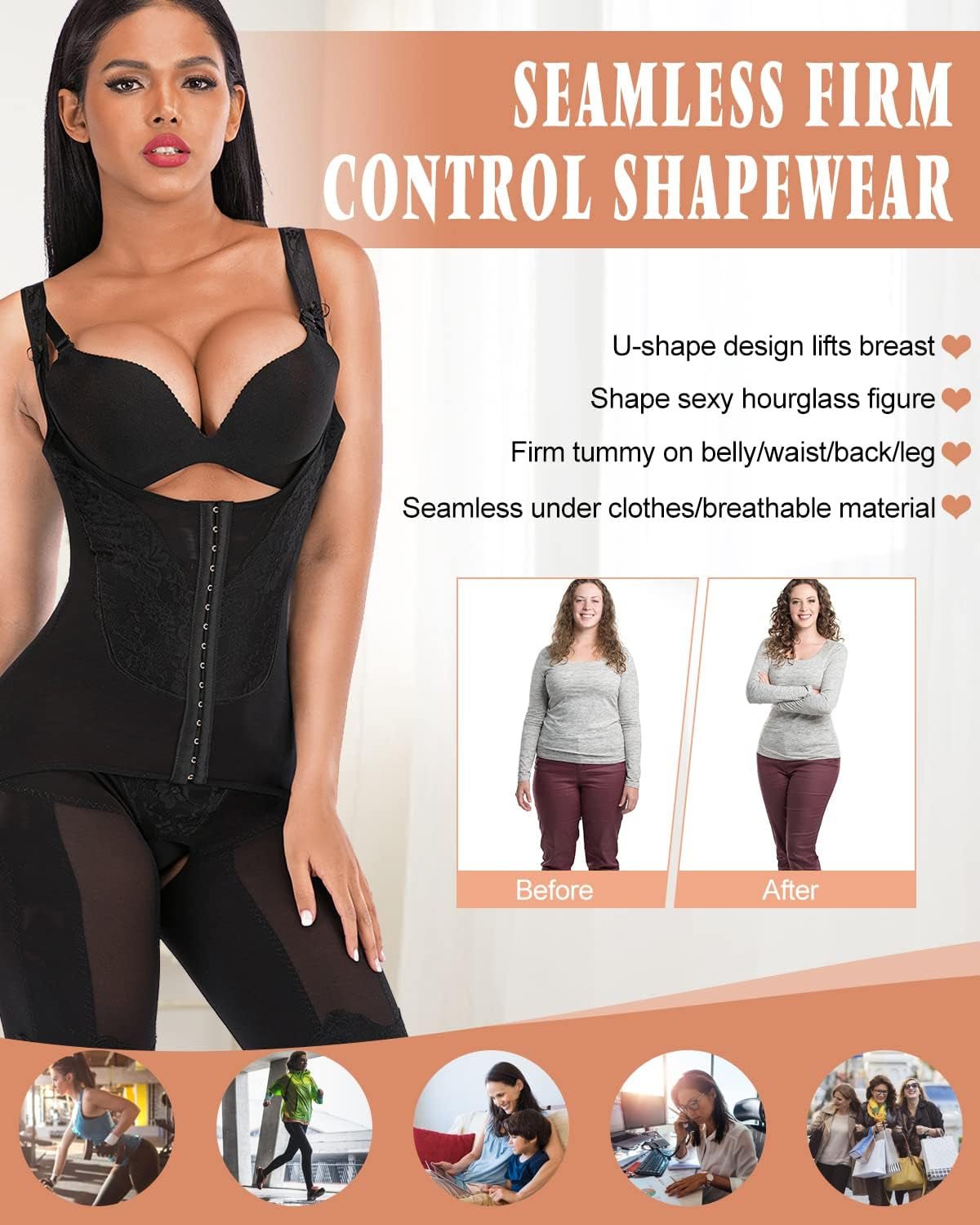 Women'S Body Shaper Waist Cincher Underbust Corset Bodysuit Shapewear,Black,Xl/Waitline:34